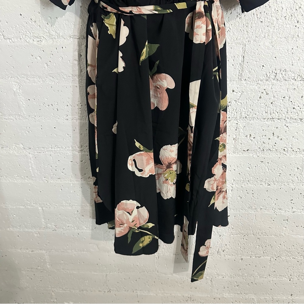 Nemidor Womens Dress 22 Black Pink Floral Short Sleeve Split V Neck Belted BM2 - Picture 3 of 5